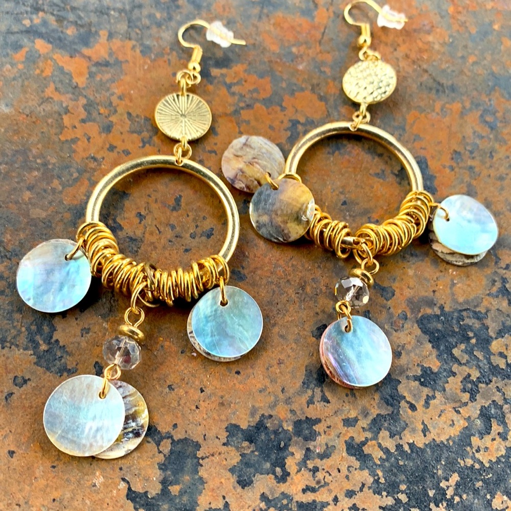 Fun, fancy Drop Earwires with mother of pearl rounds on French earwires.